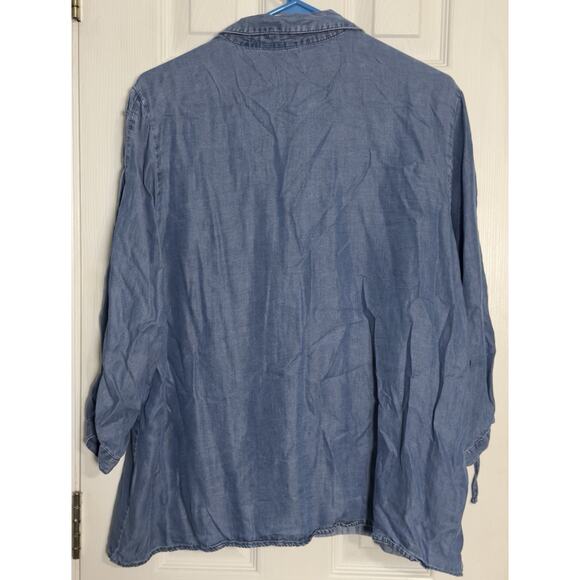 New Directions Curvy Blue Denim Look Button Up Long Sleeve Shirt, Lyocell, 1X - Picture 4 of 5